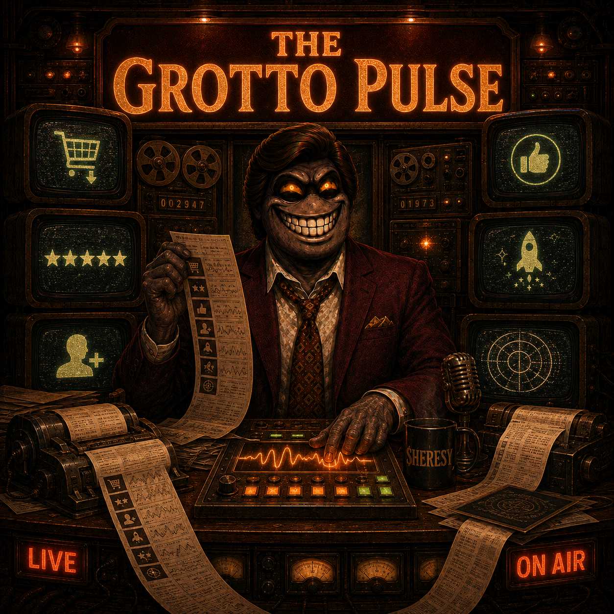 Bob Burgundy monitoring The Grotto Pulse from an analog activity desk